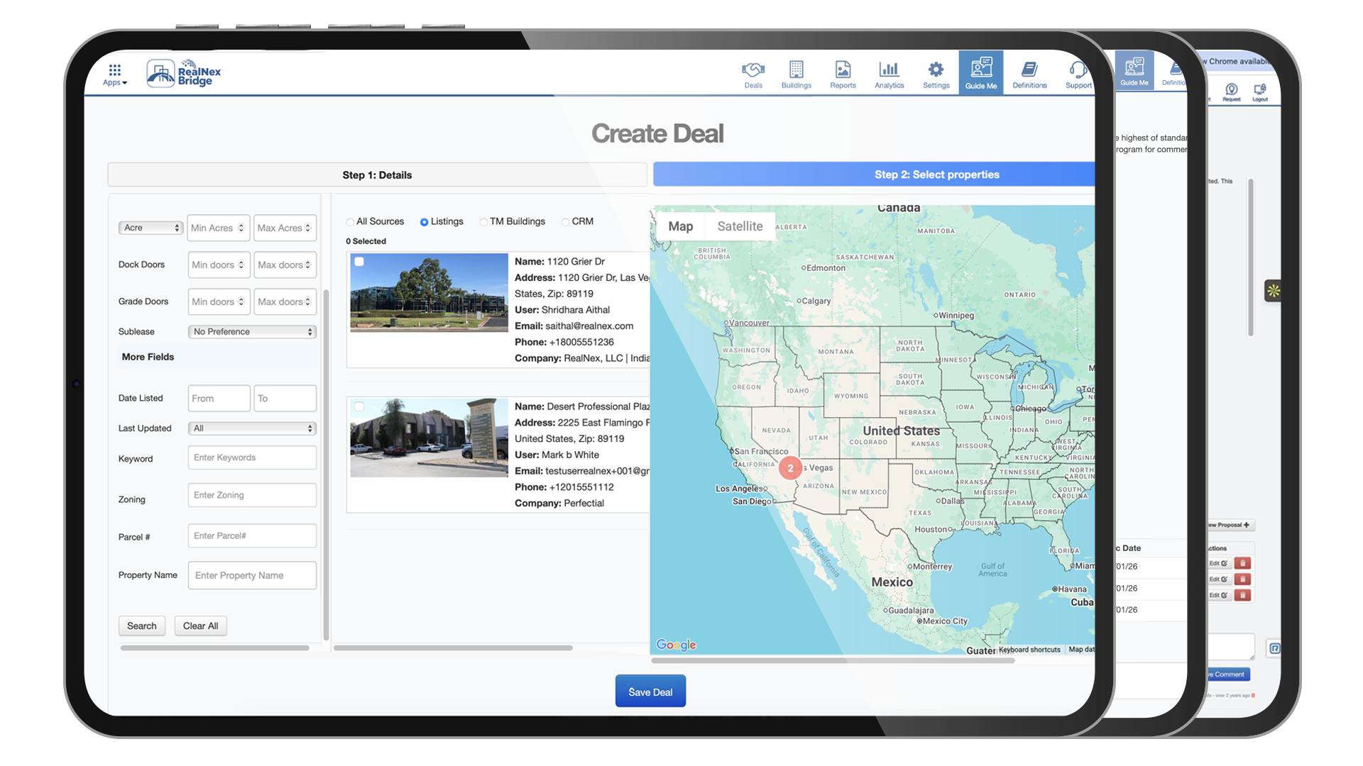 RealNex Bridge Create Deal screen with a property filter panel, a listings shortlist, and a US map