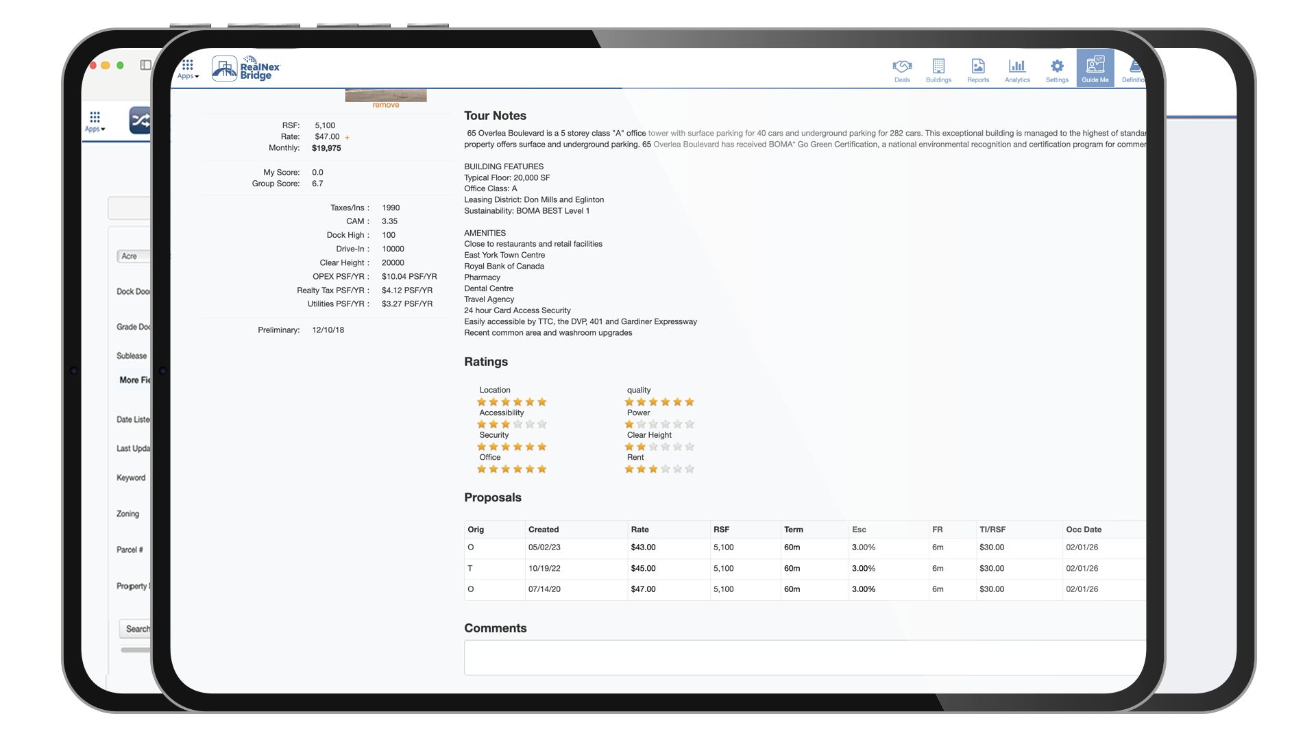 RealNex Bridge tour view with star ratings by category and a side-by-side proposals table for a shortlisted space
