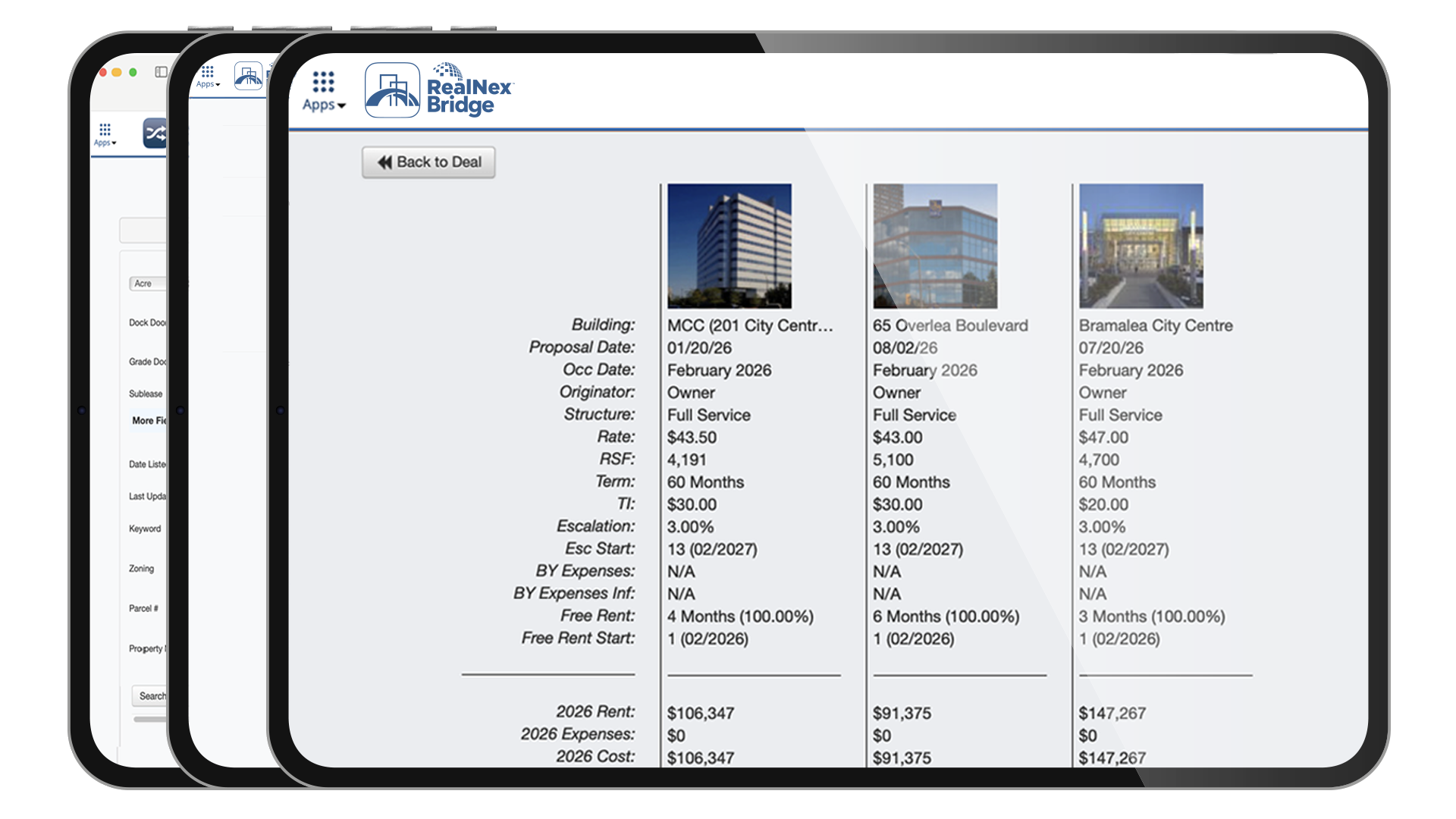 RealNex Bridge side-by-side lease comparison of three buildings showing rate, RSF, term, TI, free rent, and yearly cost