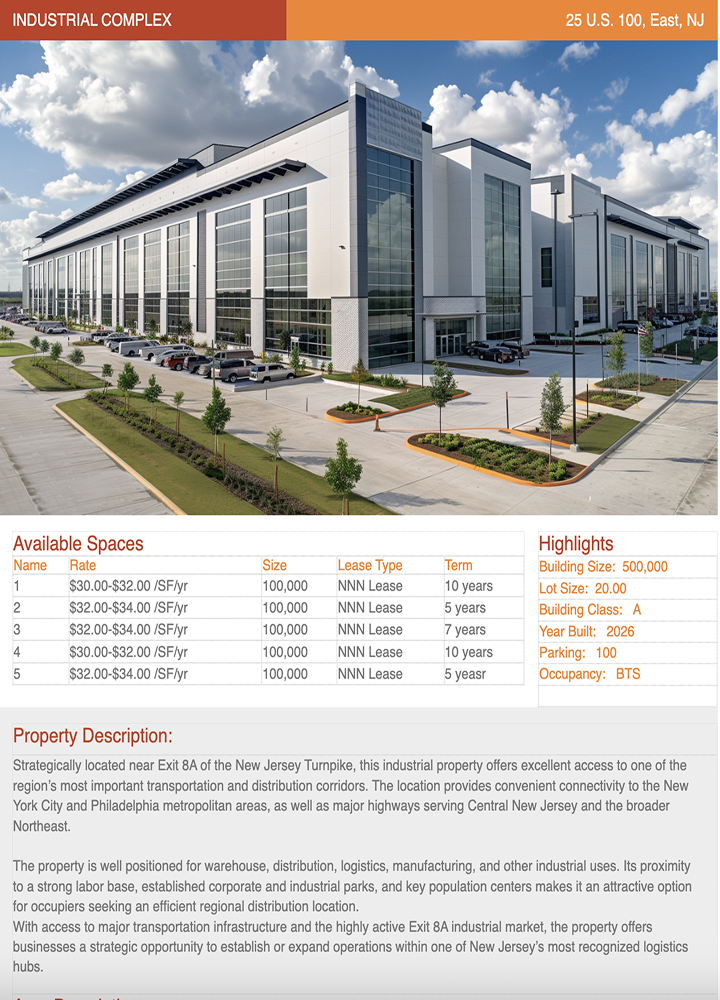 RealBlast auto-built industrial for-lease property flyer