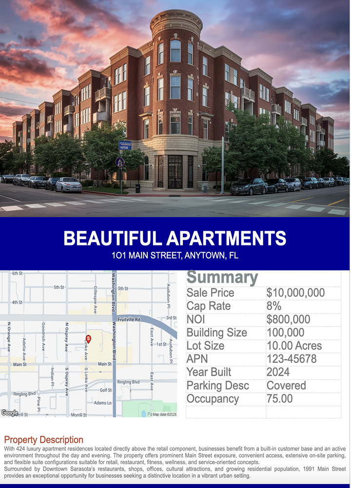 RealBlast auto-built multifamily for-sale property flyer