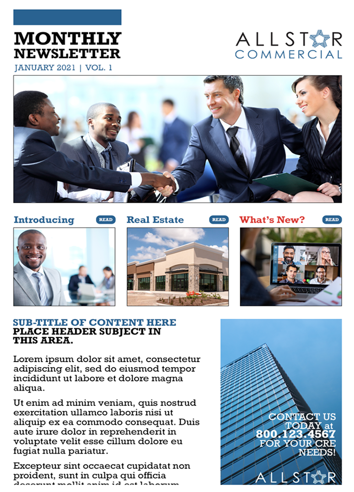 RealCampaigns branded monthly newsletter email template with placeholder content and imagery.