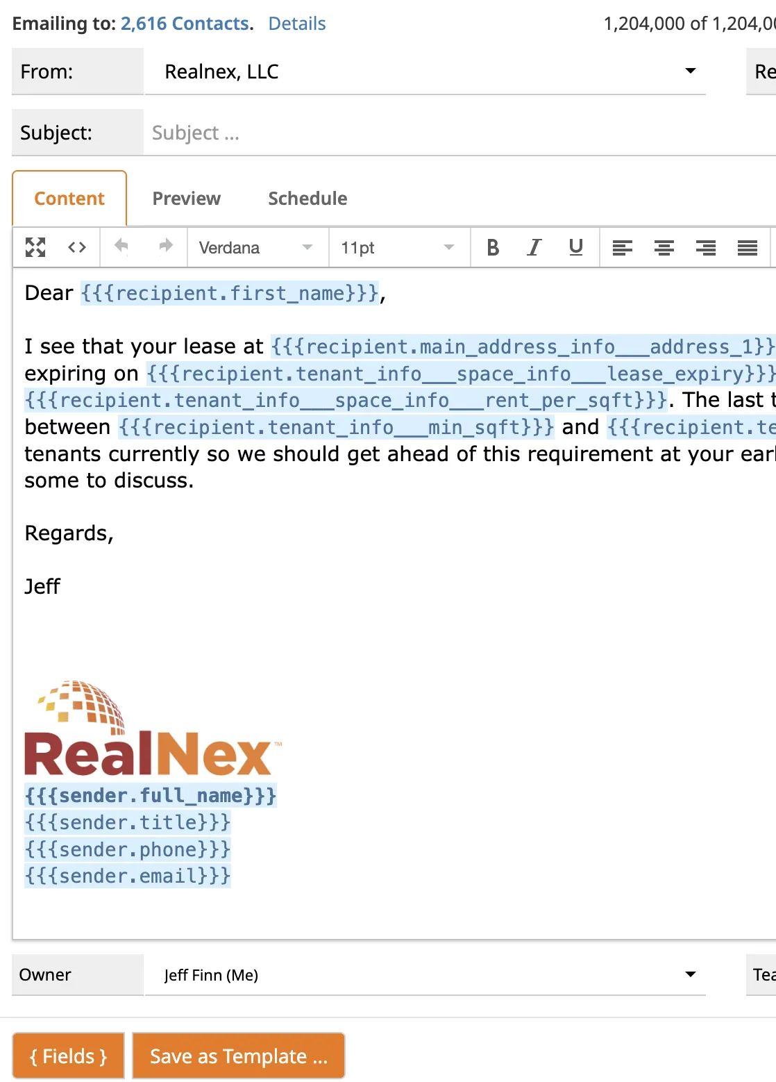 RealCampaigns lease renewal email template with merge fields in the RealNex email editor