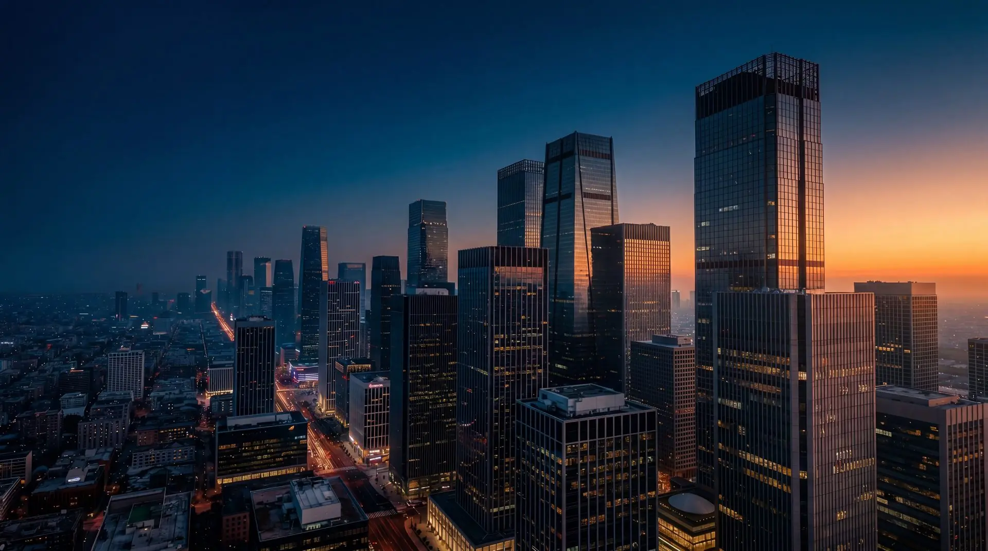 Commercial real estate skyline at dusk