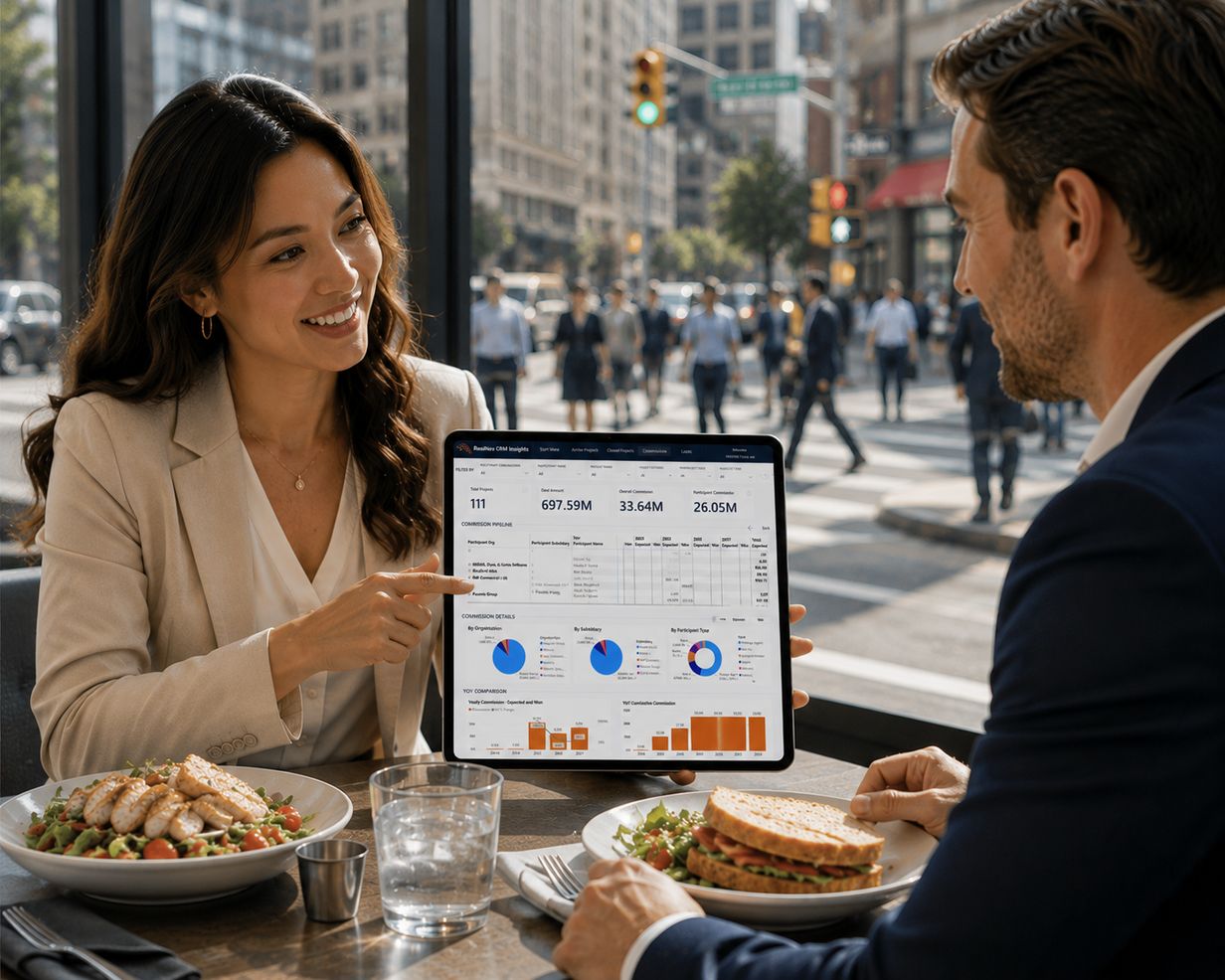 Two commercial real estate professionals at a table reviewing a RealNex Insights commission pipeline dashboard on a tablet