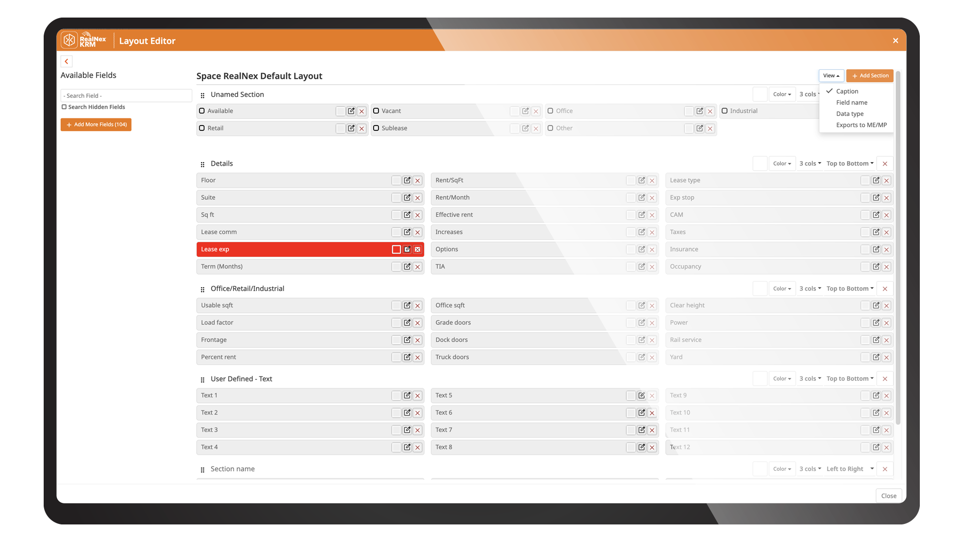 RealNex KRM layout editor for configuring property and space data fields