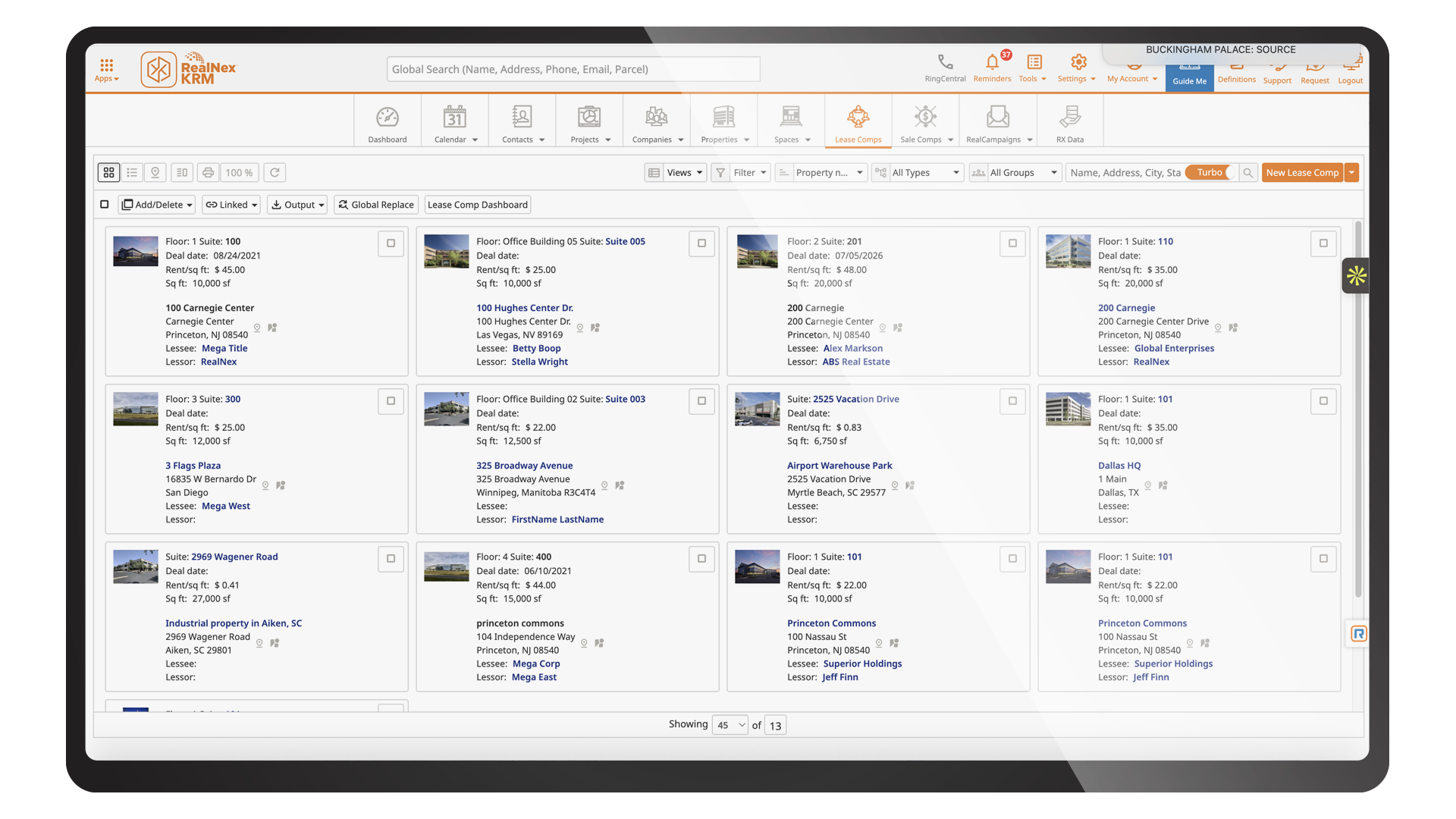 RealNex KRM Lease Comps grid open on a desktop screen.