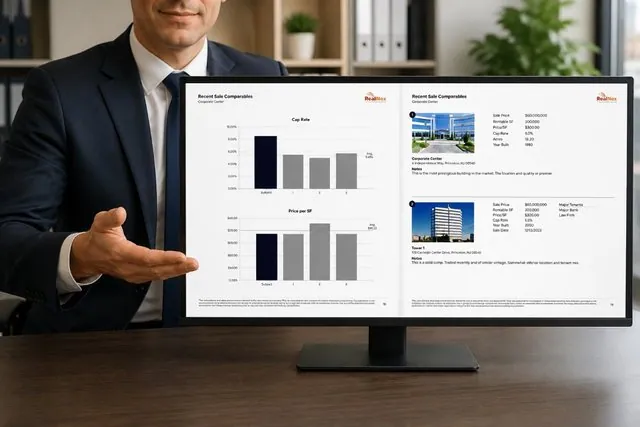 Broker reviewing property financial dashboard on a tablet