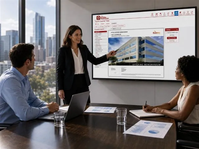 Broker presenting a MarketEdge offering memorandum to clients