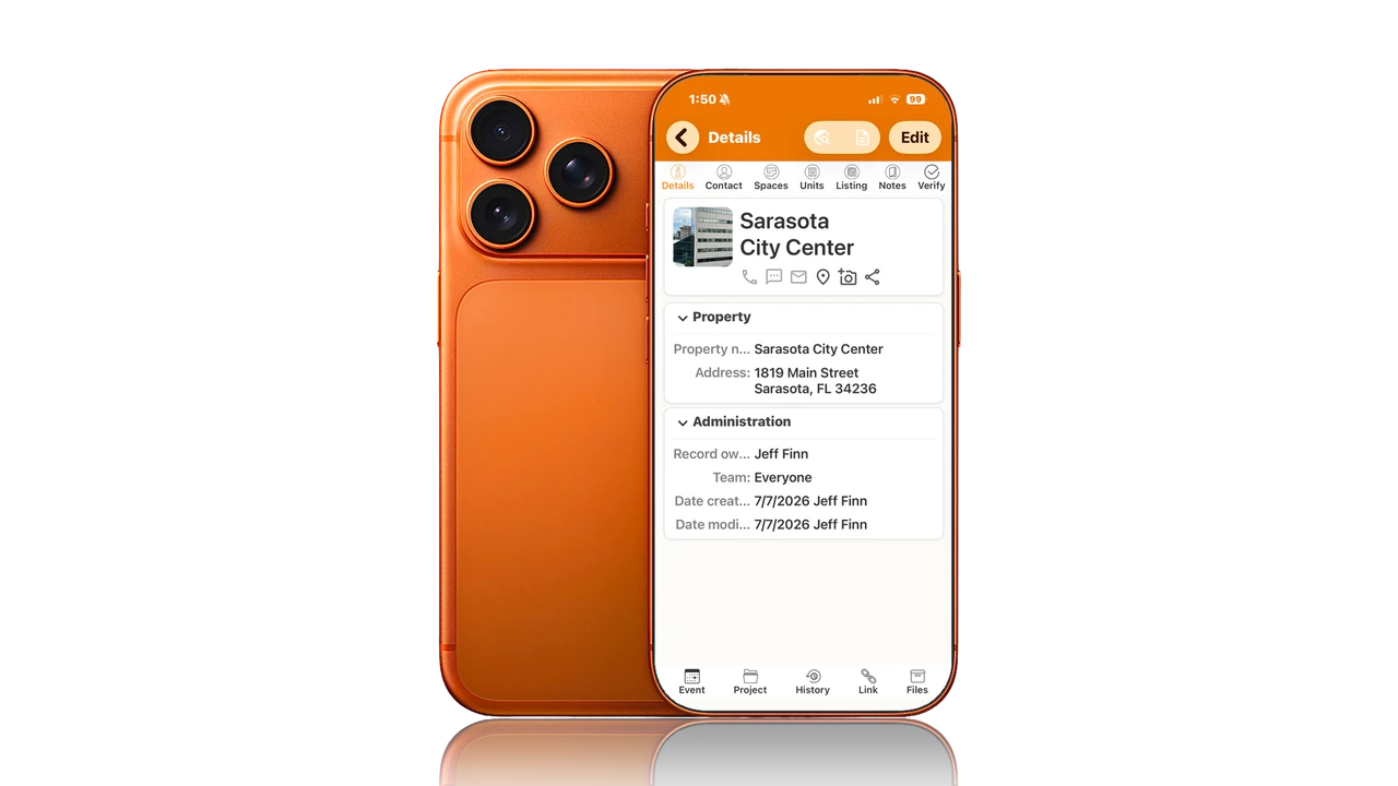 A property record open in the RealNex Mobile App, with photo and location actions on the property detail screen