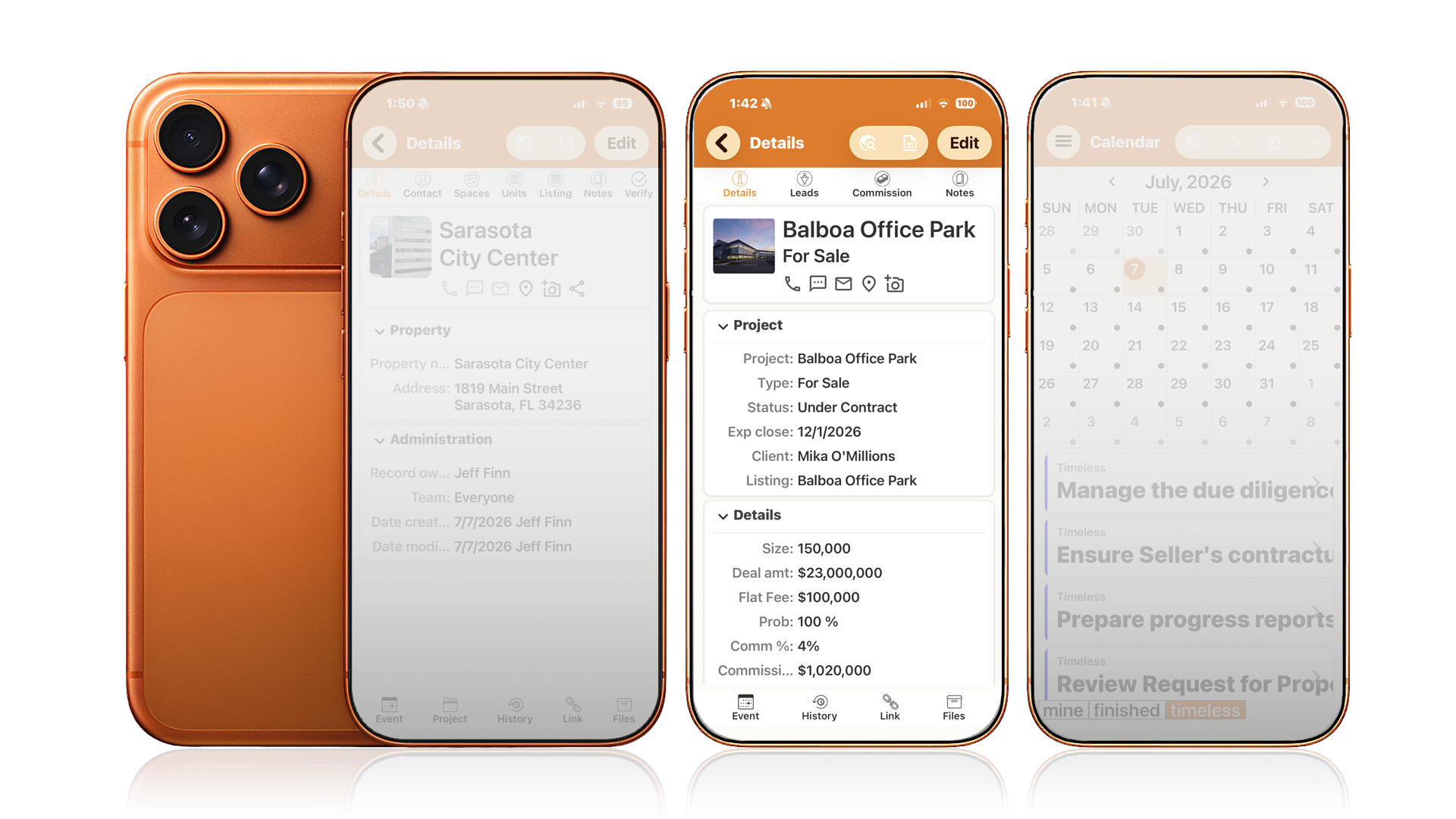 The RealNex Mobile App on iPhone showing a property record, an active deal's details, and the calendar with the day's tasks