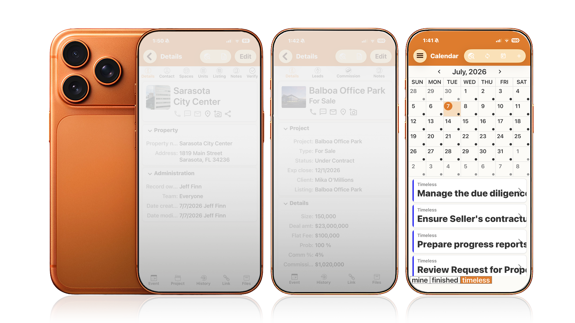 The RealNex Mobile App showing a property record, an active deal with commission details, and upcoming tasks
