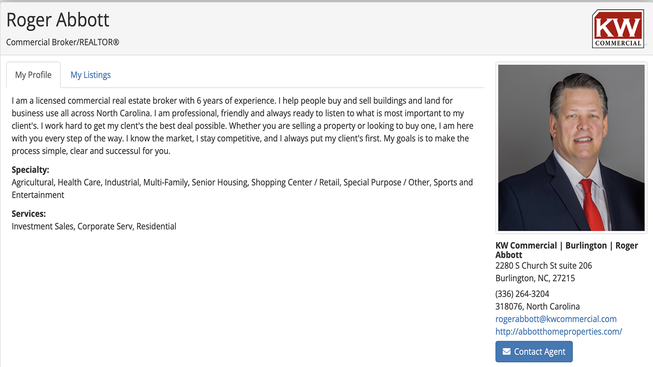MP Direct agent profile page fed by MarketPlace listing and contact data