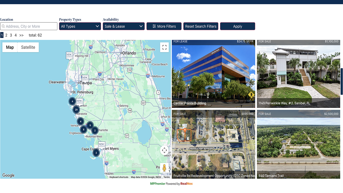 MP Premier hosted listing search with map and property cards on a firm website