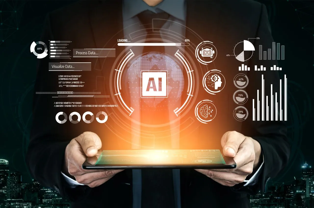 Business professional reviewing AI-powered commercial real estate analytics on a tablet