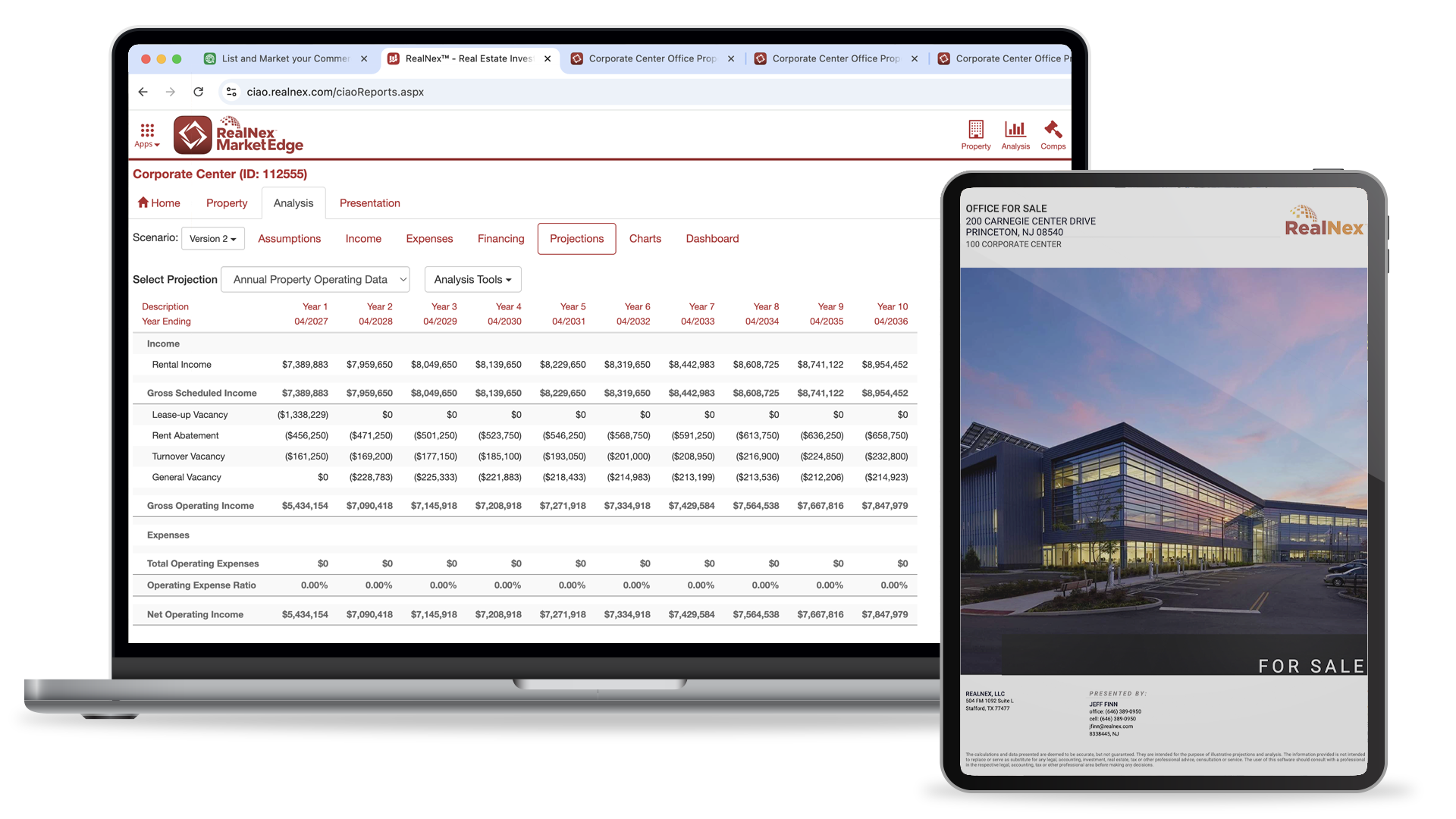 RealNex MarketEdge financial analysis dashboard on a laptop beside a branded property marketing flyer on a tablet