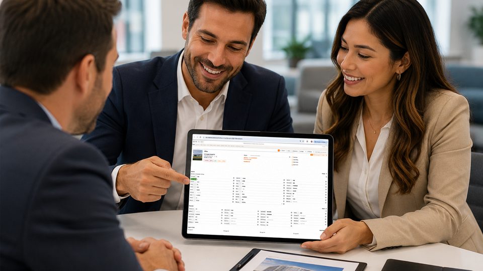 Team reviewing market data on a laptop