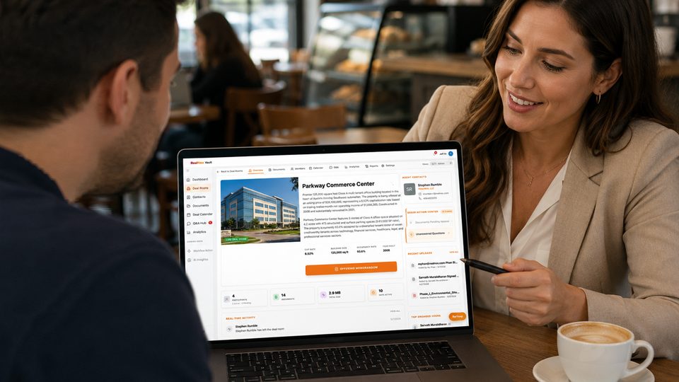 RealNex investment sales workflow showing KRM prospecting, MarketEdge analysis, and MarketPlace listing stages