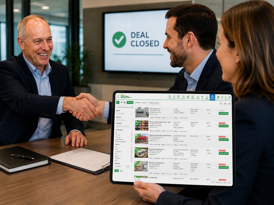 RealNex KRM leasing pipeline showing active prospects, showing schedules, and available property listings
