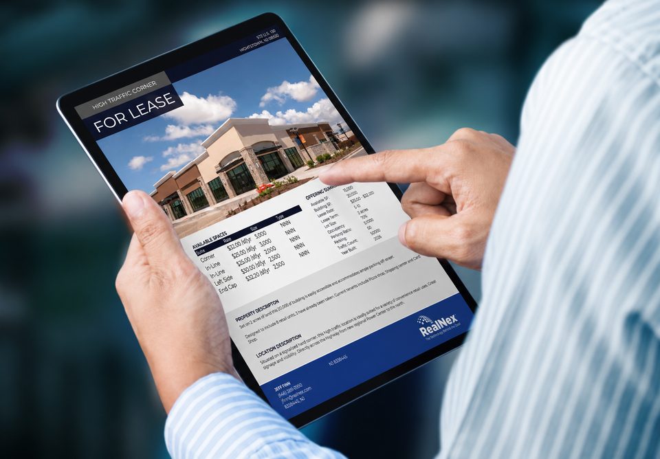 Commercial real estate leasing agent marketing available space using RealNex MarketPlace and KRM platform