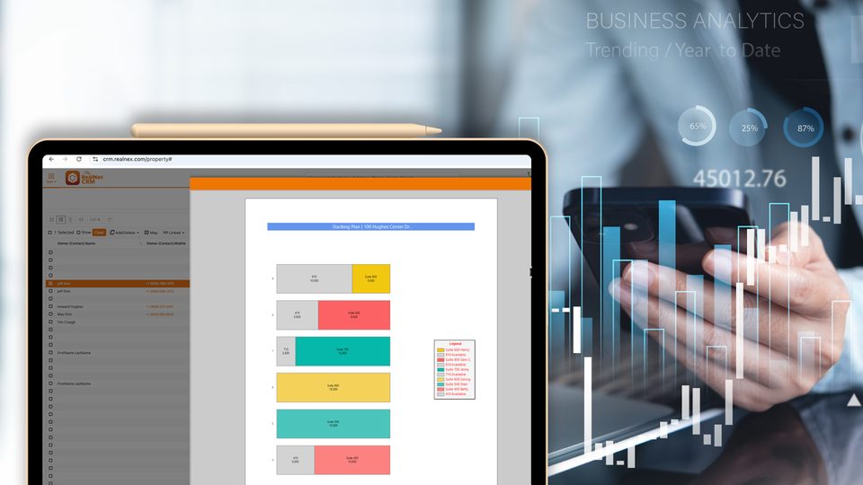 Commercial real estate asset manager reviewing portfolio analytics and tenant data in RealNex platform