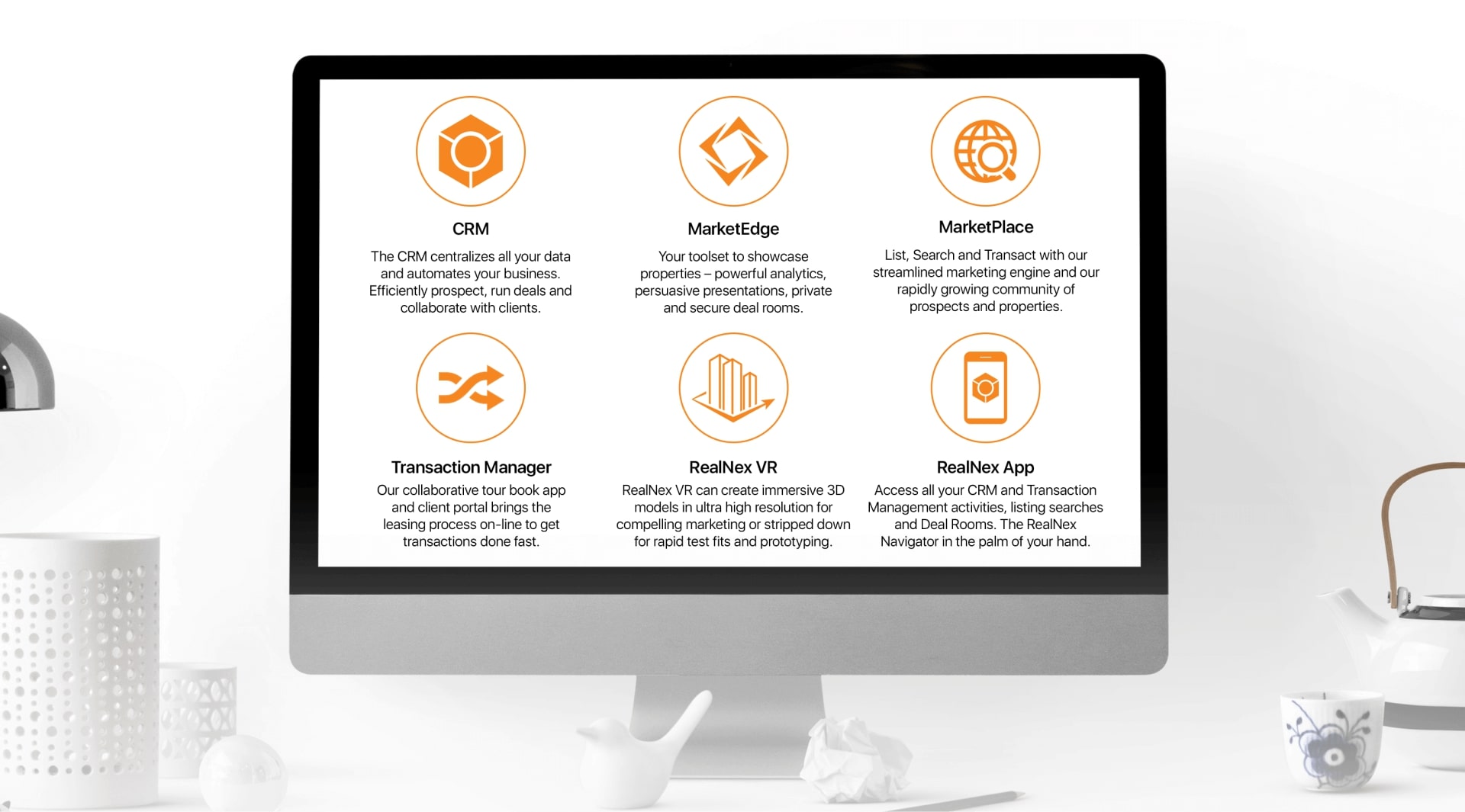 Screen with RealNex Solution Icons and Names: CORE CRM, Transaction Manager, MarketEdge, MarketPlace, Mobile and VR.