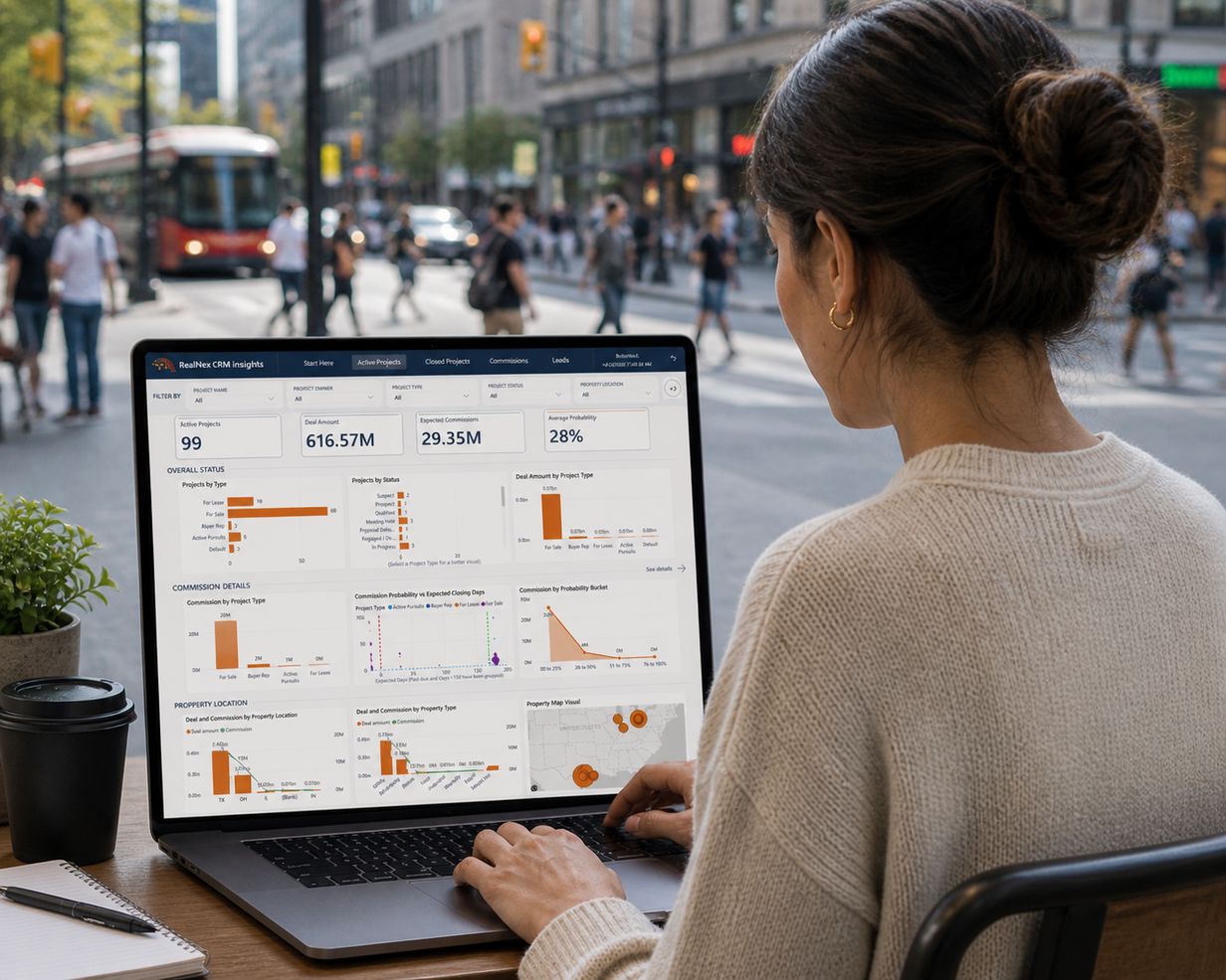 Commercial real estate professionals reviewing opportunity pursuit analytics