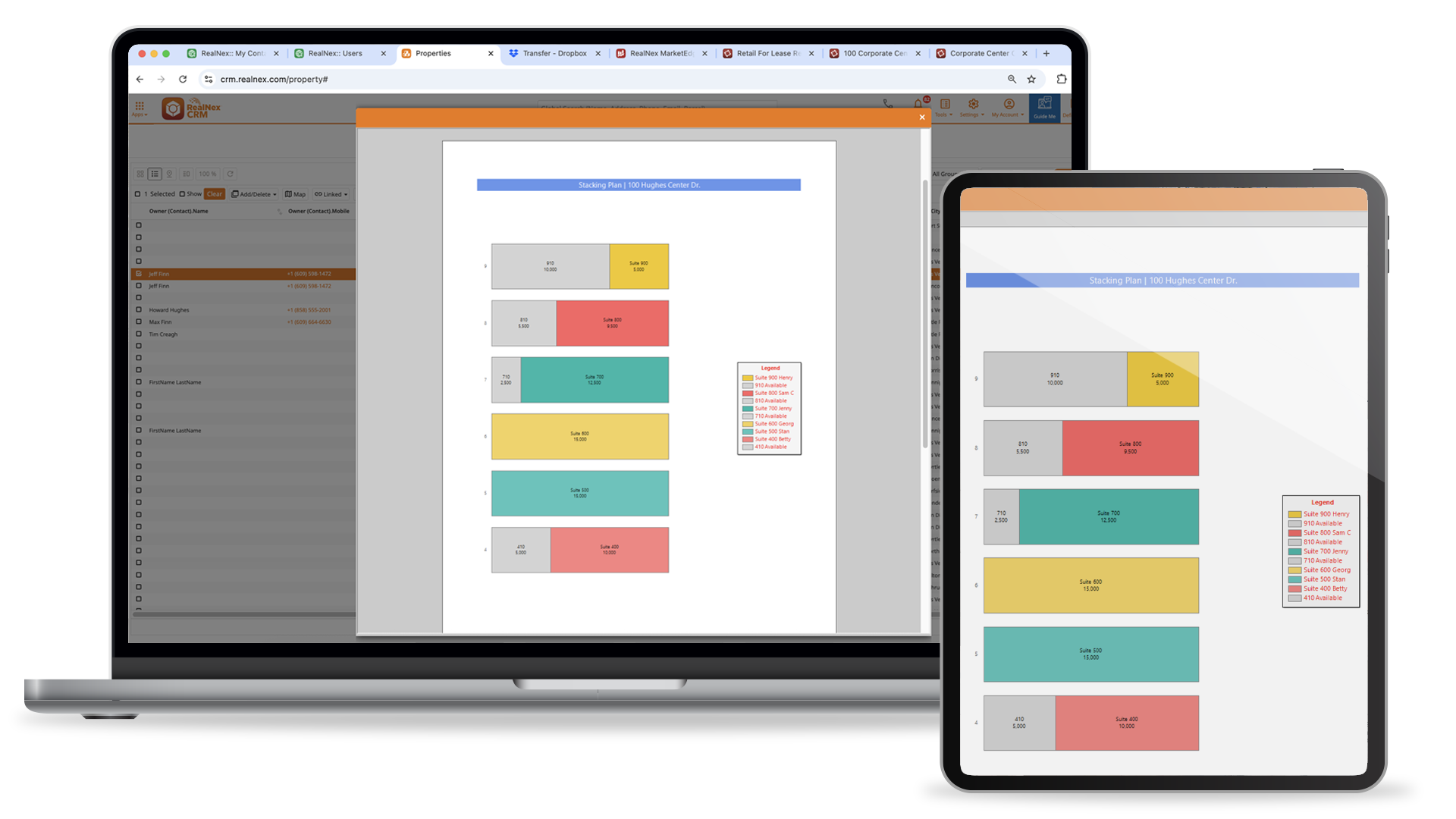 RealNex KRM stacking-plan report for a commercial property shown on a tablet, with an owner and contact list for asset-level portfolio analysis.