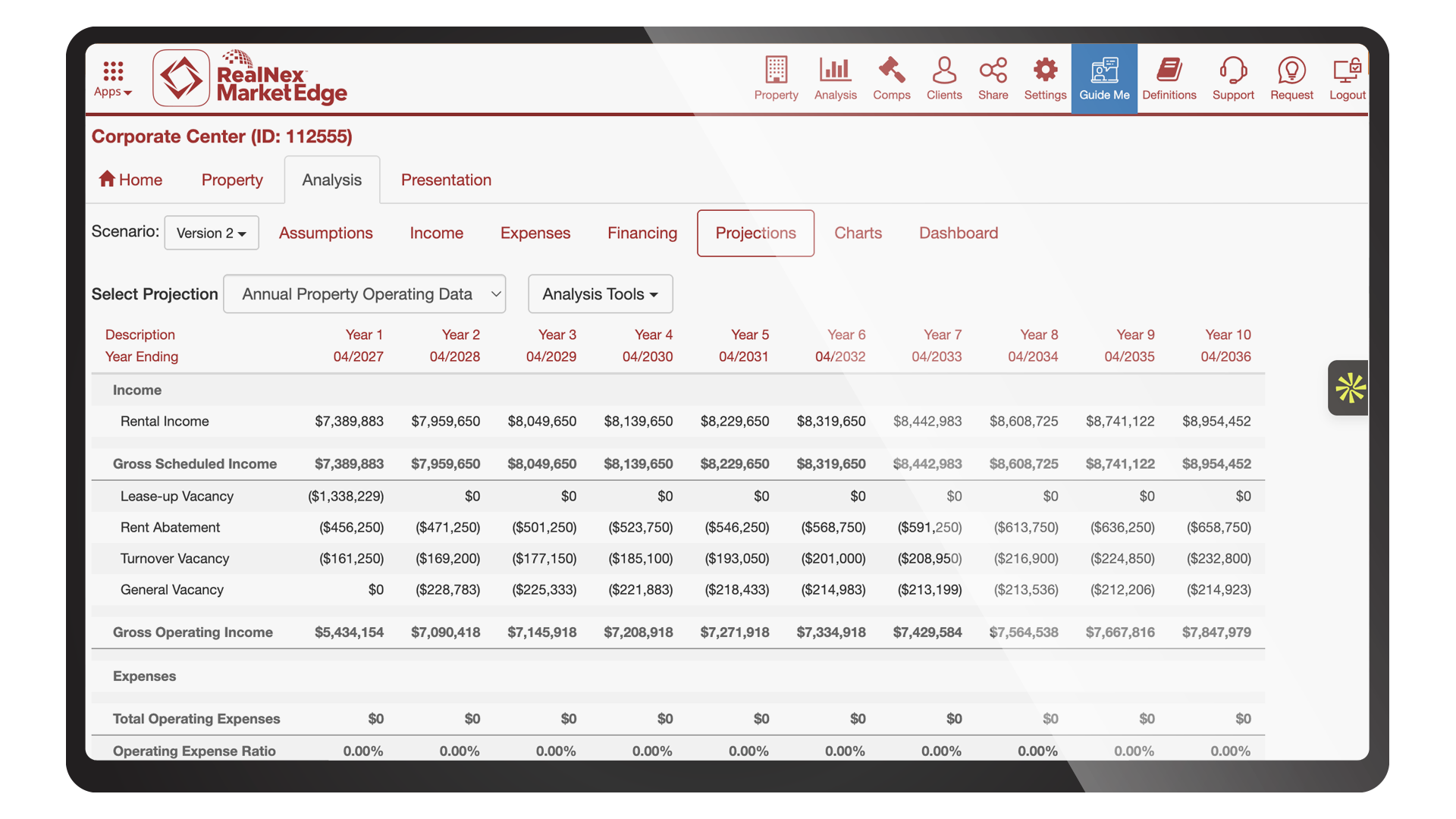 RealNex MarketEdge ten-year annual property operating data projection for an office property.