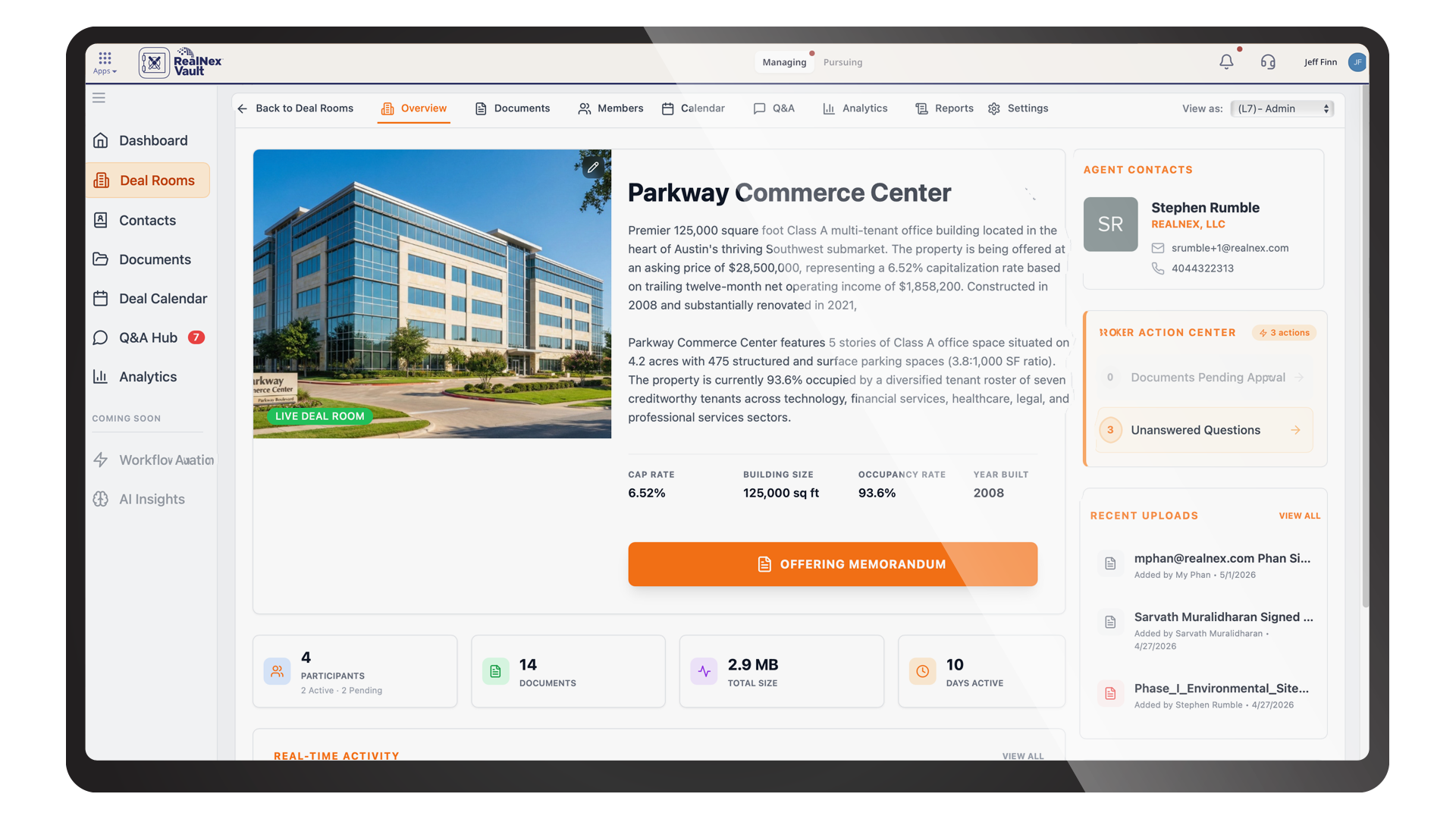RealNex Vault deal room overview for a property showing cap rate, occupancy, participants, documents, and recent activity.