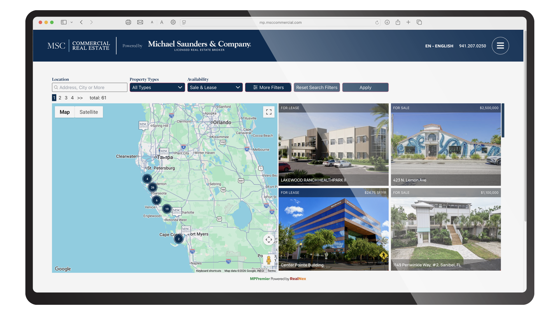 A Michael Saunders & Company (MSC Commercial) property search page powered by RealNex MarketPlace Premier, showing listings and a location map of Florida.