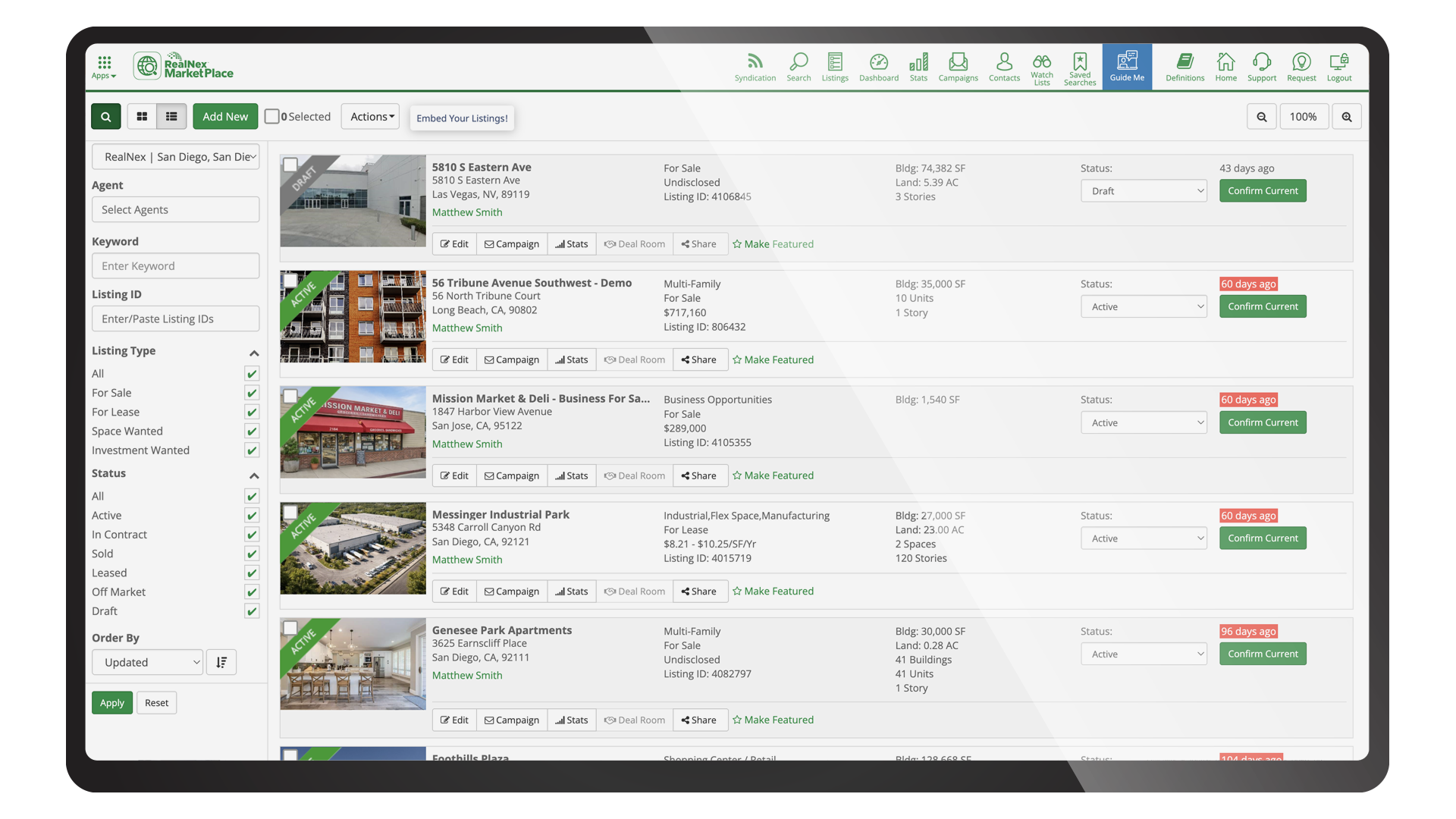 RealNex MarketPlace listing management on a laptop, showing For Sale and For Lease records with status badges, listing IDs, and confirm-current controls.