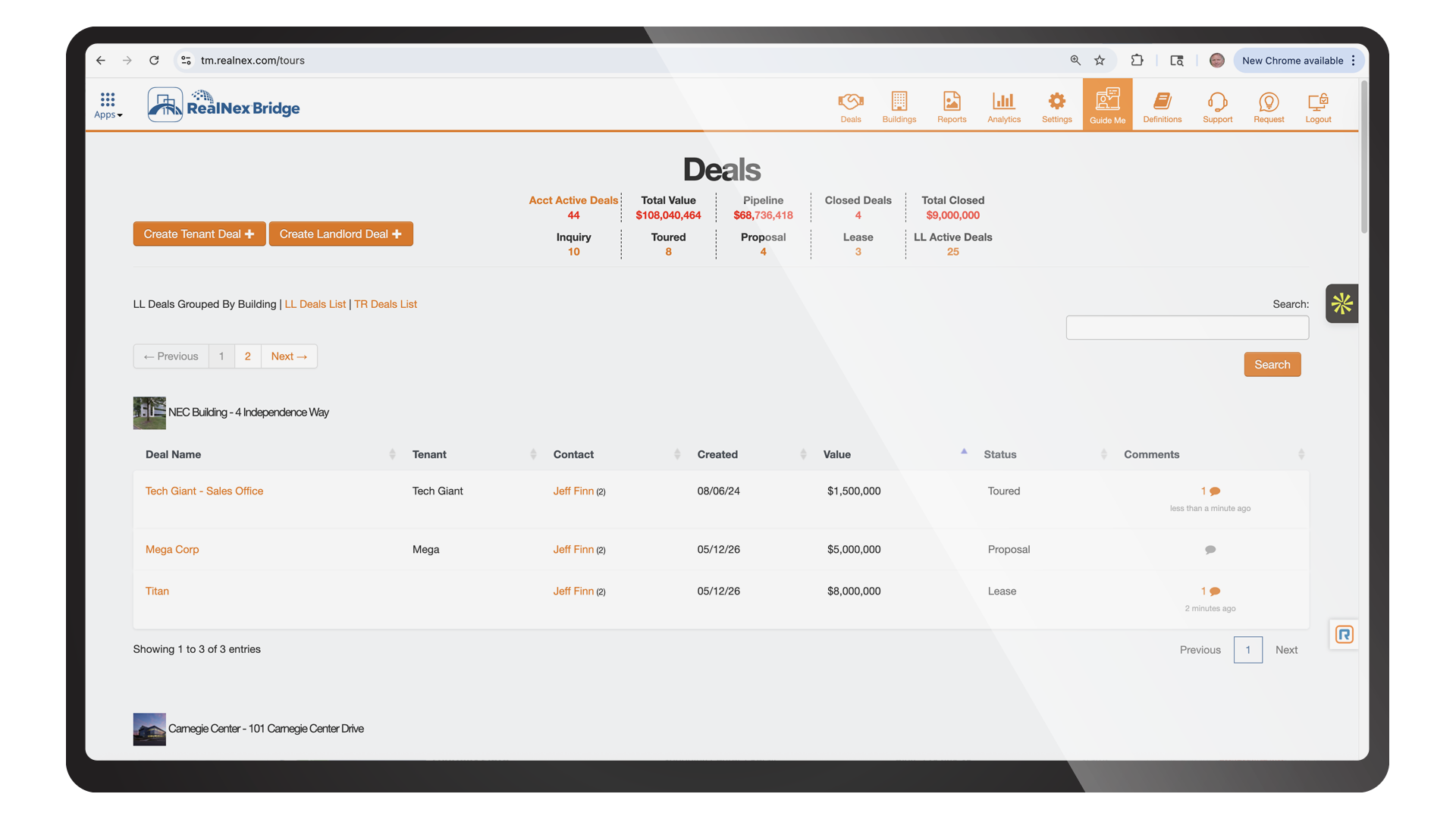RealNex Deals dashboard grouping active and closed deals by building, with total pipeline and closed value.