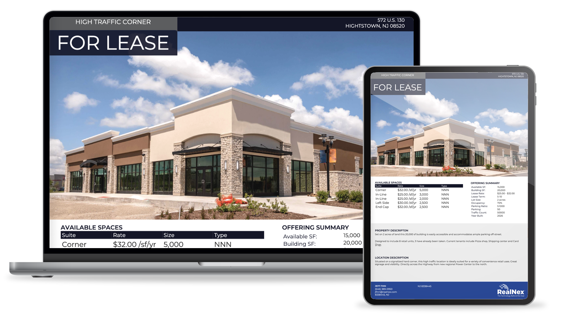 RealNex For Lease property flyer generated for a high-traffic retail corner, showing available spaces, asking rates, and an offering summary.