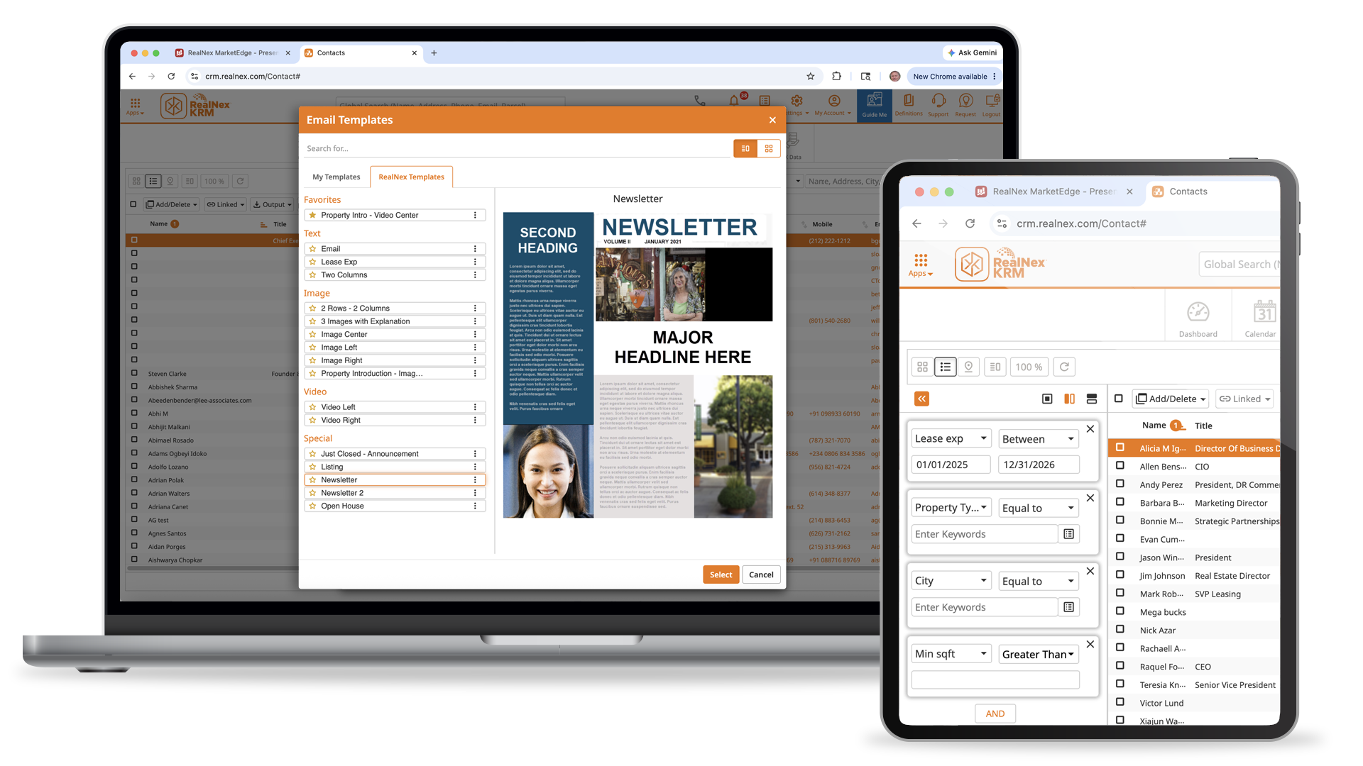 The RealNex KRM Email Templates library open on a laptop with a Newsletter template previewed, beside a KRM contact list with saved search filters on a tablet.