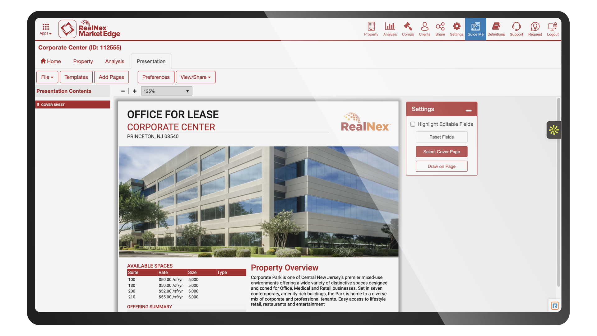 A RealNex MarketEdge presentation cover sheet for an office-for-lease listing displayed on screen.