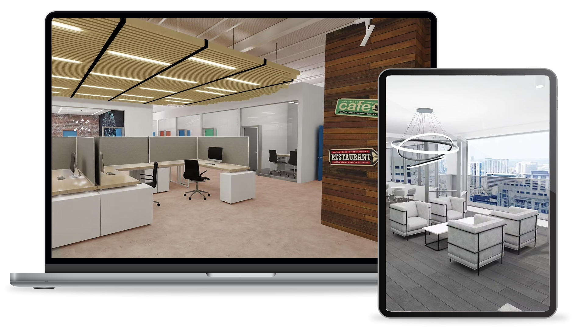 RealNex Visuals interior renderings: an office interior on the laptop and a furnished lounge with a city view on the tablet in front of it.