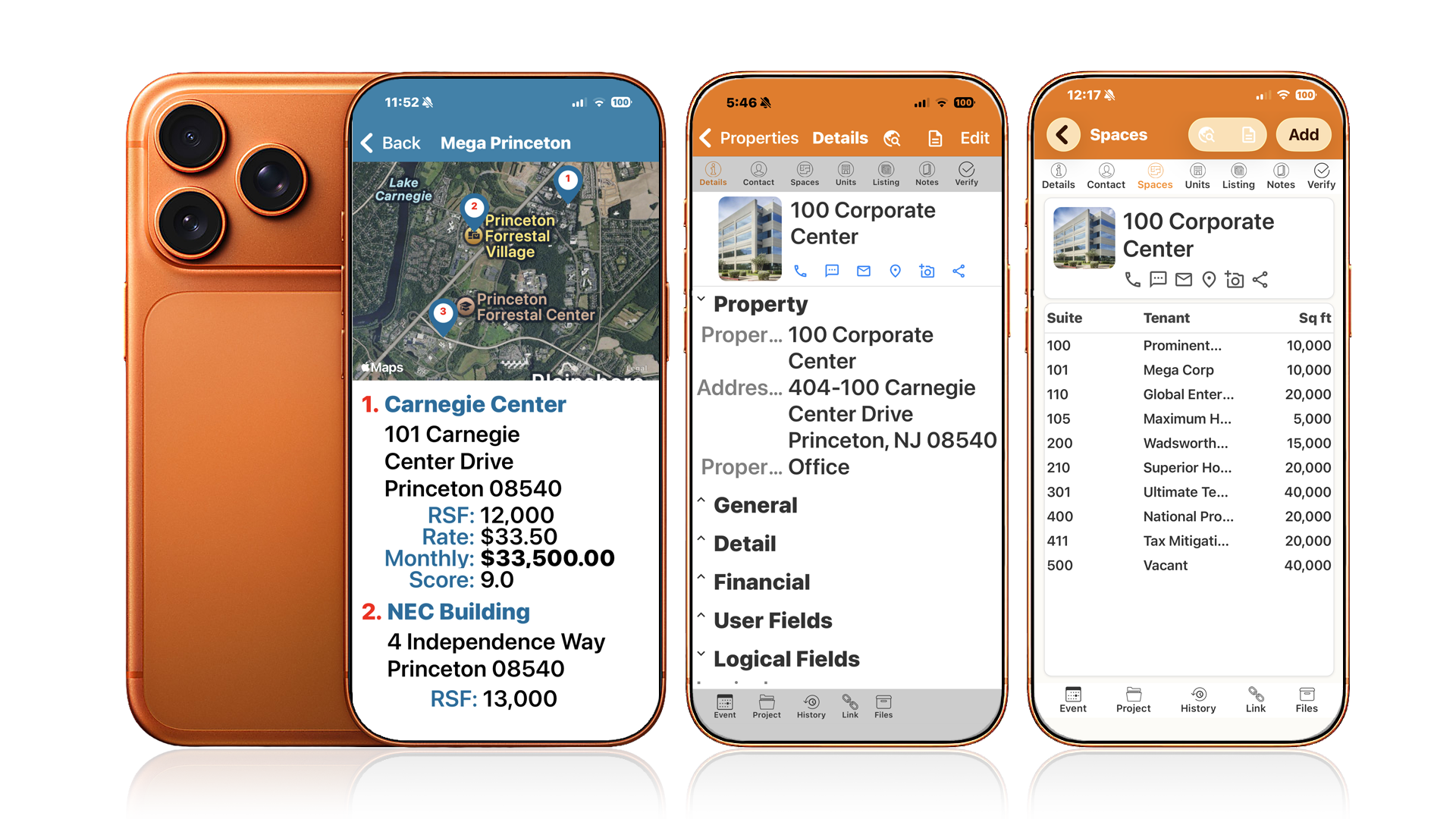 RealNex Mobile App on three phones: ranked space-search results over a property map, a property detail record with General, Detail, and Financial fields, and a suite-by-suite tenant and square-footage list.