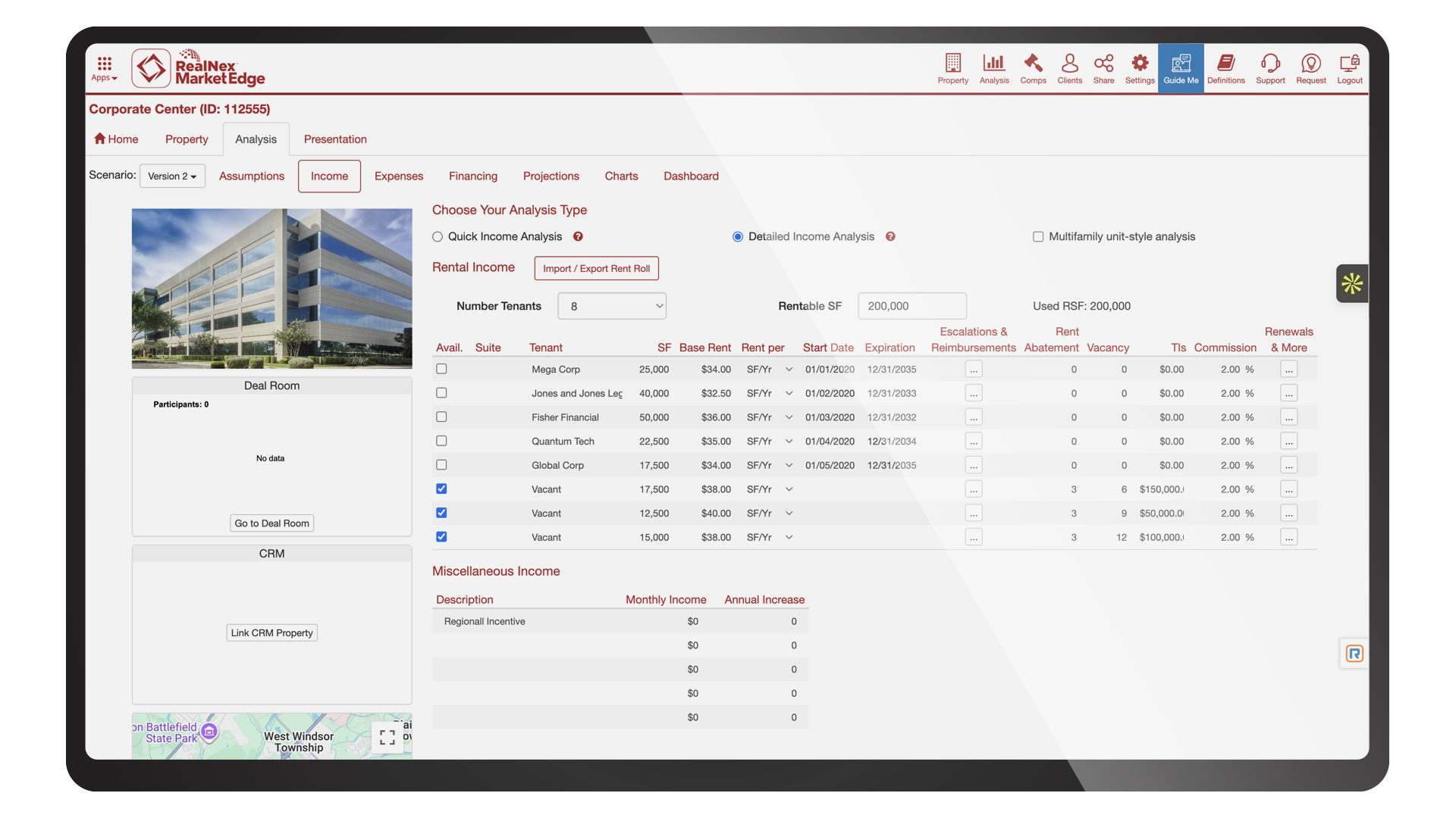 RealNex MarketEdge detailed income analysis showing a tenant rent roll with base rents, escalations, expiration dates, vacancy, and commission for an office property.