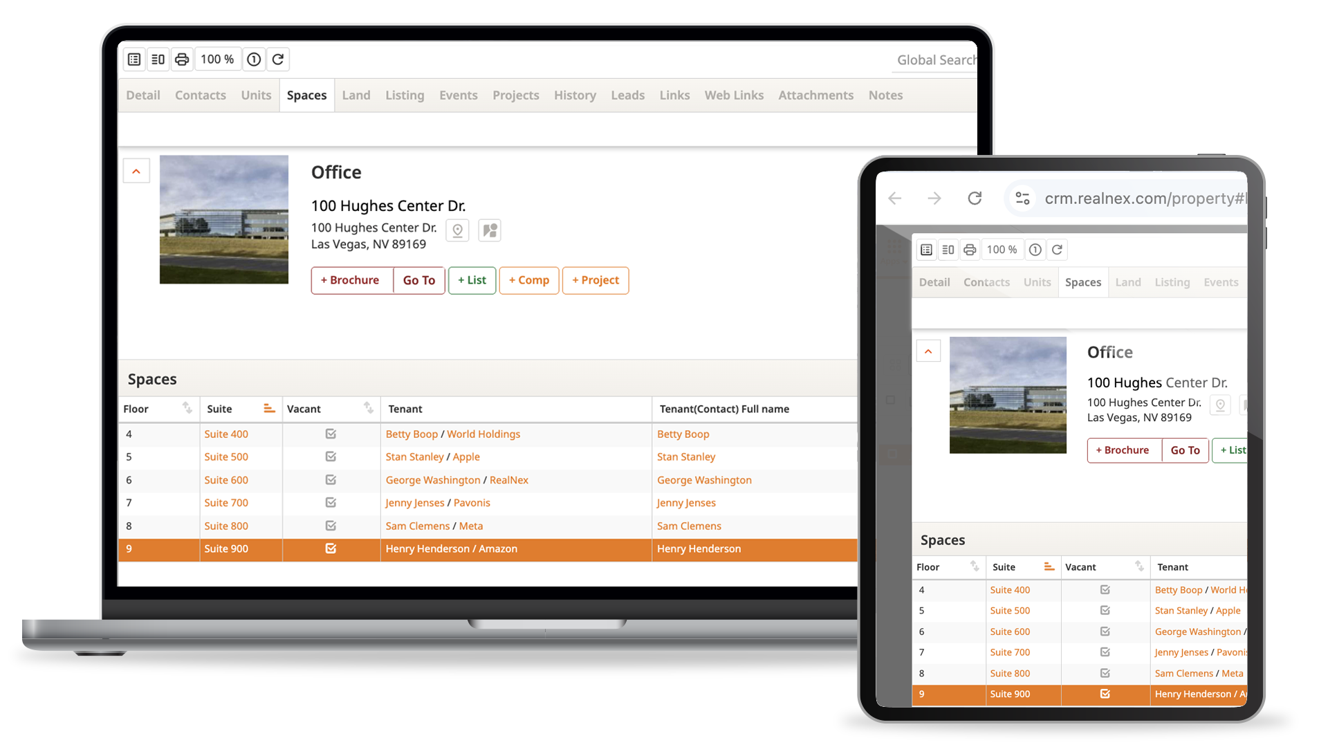 RealNex KRM property record for an office building showing a Spaces grid with floor, suite, vacancy status, and tenant/contact name columns.