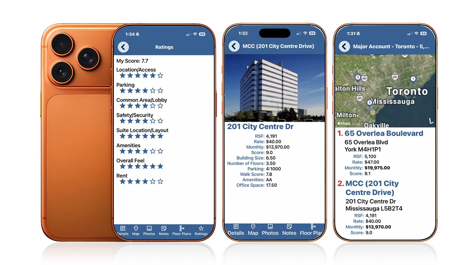 RealNex mobile app on orange phones showing tour ratings, property details, and a map with ranked spaces.