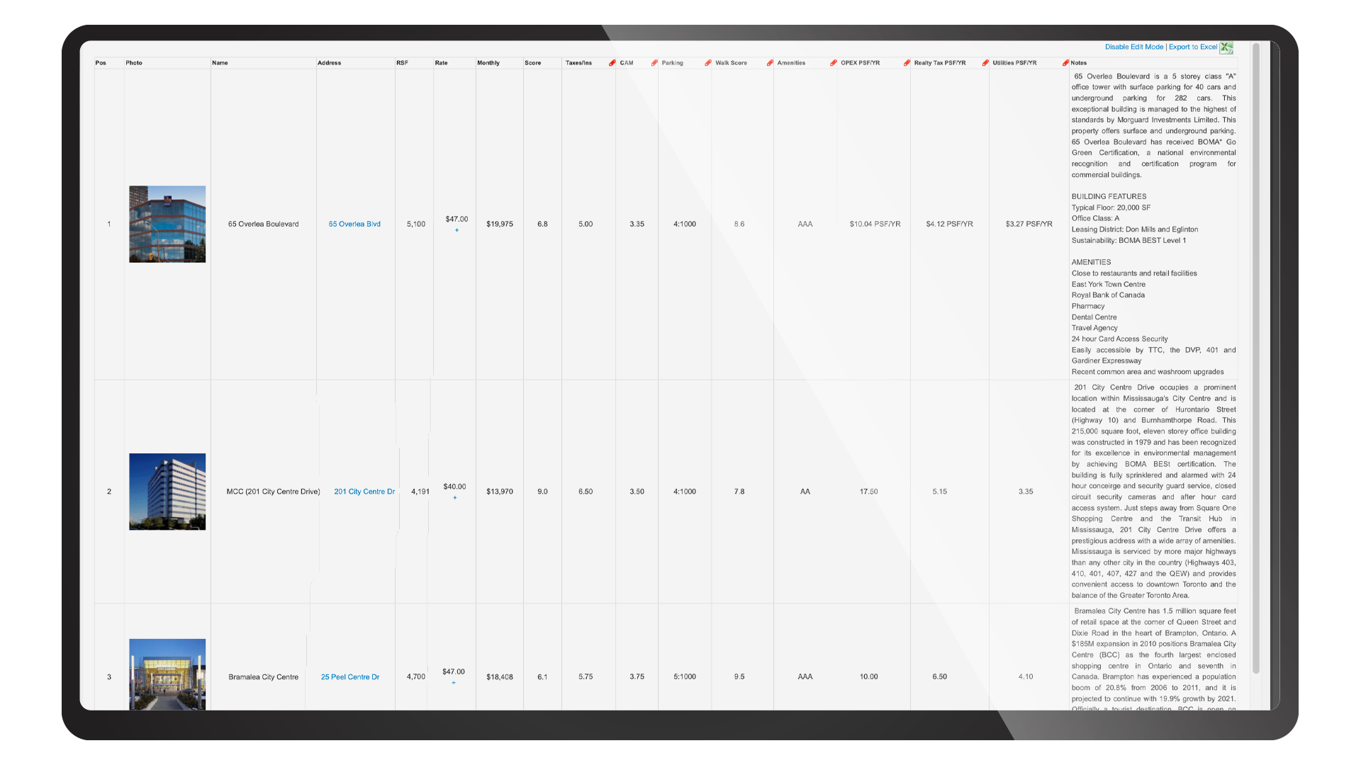 RealNex survey of available office spaces with property photos, RSF, rate, monthly cost, tenancy, walkability, and space notes for side-by-side review.