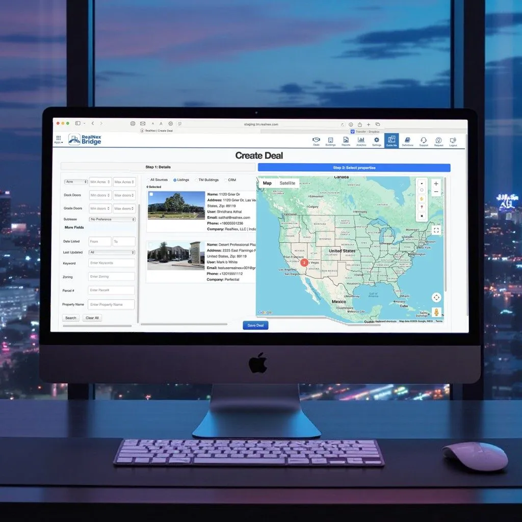 RealNex Bridge Create Deal screen with property search filters and map on an iMac