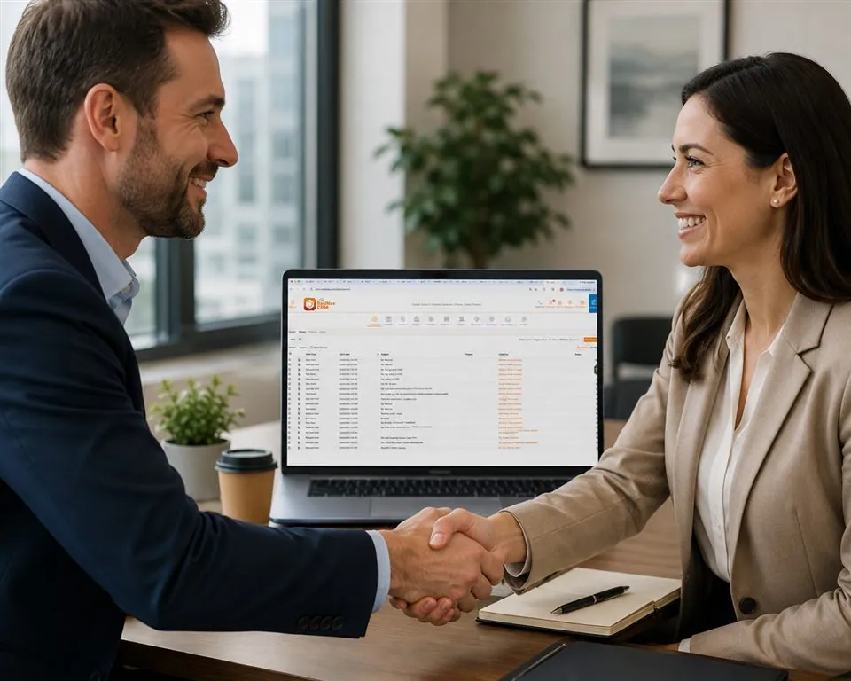 Business professionals shaking hands over a laptop showing RealNex Vault