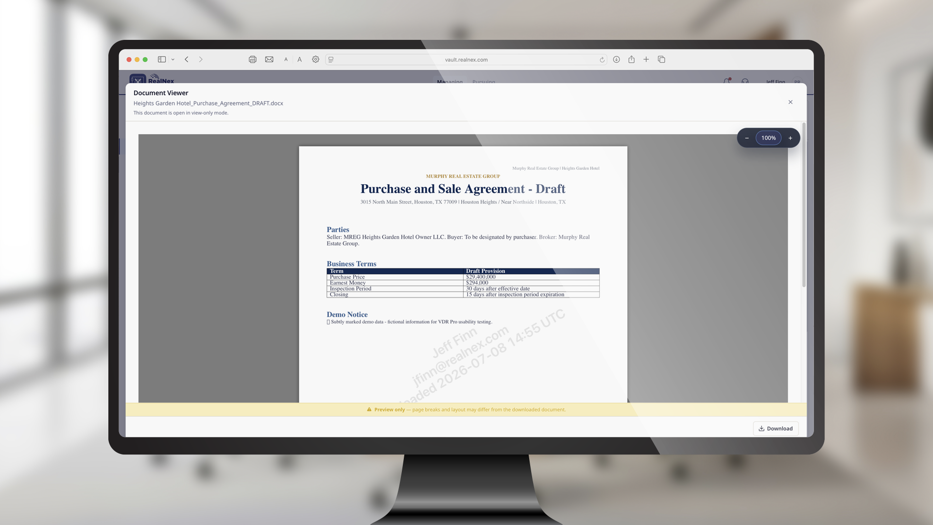 RealNex Vault document viewer showing a draft purchase and sale agreement in view-only mode, watermarked with the viewer's name, email, and timestamp