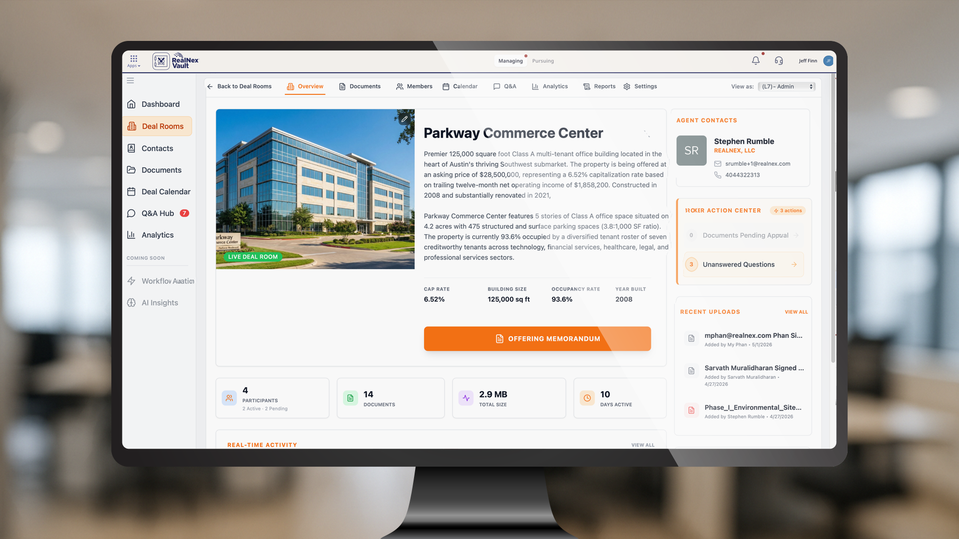 RealNex Vault deal room for Parkway Commerce Center on a desktop, showing the property overview, deal stats, documents, and recent activity