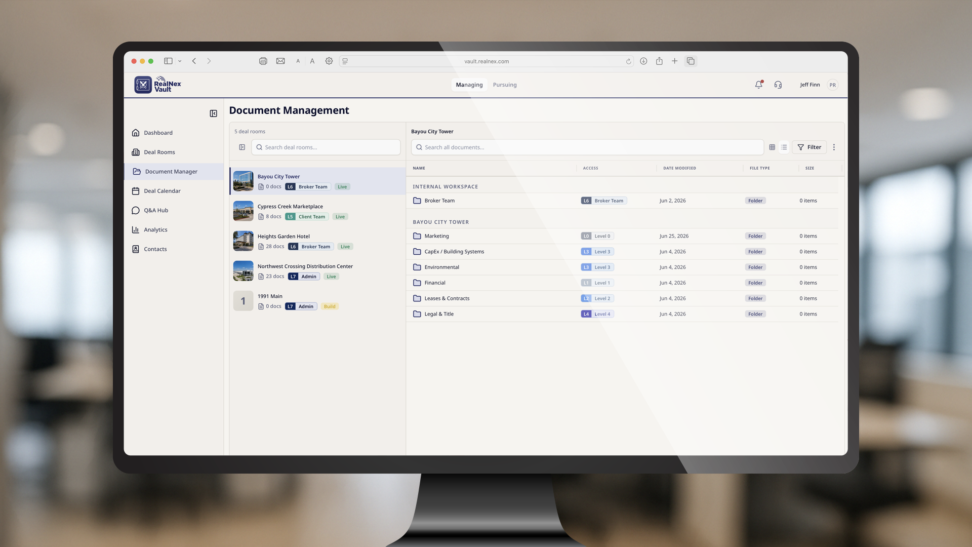 RealNex Vault document manager listing deal-room folders with per-folder access levels from Level 0 to Level 4