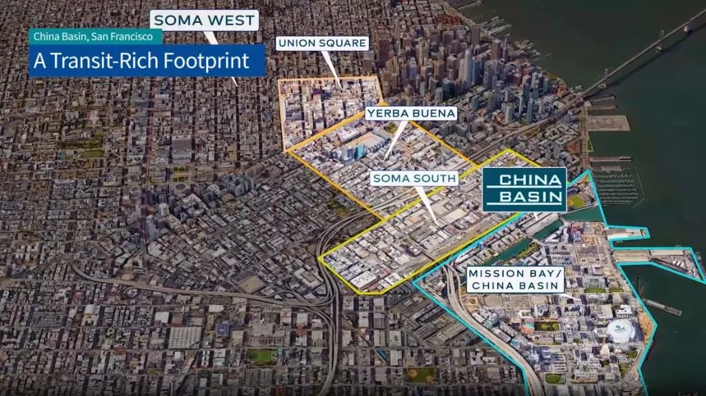 RealNex Visuals aerial video tour map of the China Basin district in San Francisco, with labeled neighborhoods, transit lines, and a highlighted site footprint