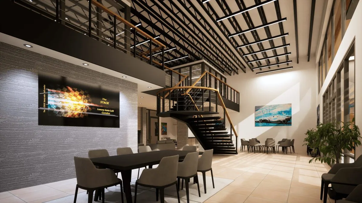 RealNex Visuals photorealistic daytime rendering of a luxury condo lobby and amenity lounge with a feature staircase