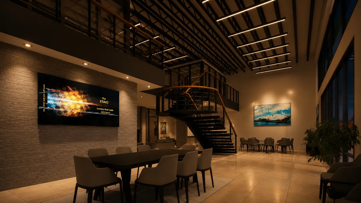 RealNex Visuals photorealistic nighttime rendering of a luxury condo lobby and amenity lounge with a feature staircase